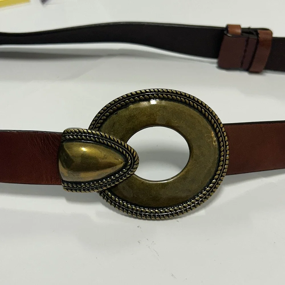 Coldwater Creek Brown Leather Western Belt Brass Hook Buckle Plus Size 1X 2X
